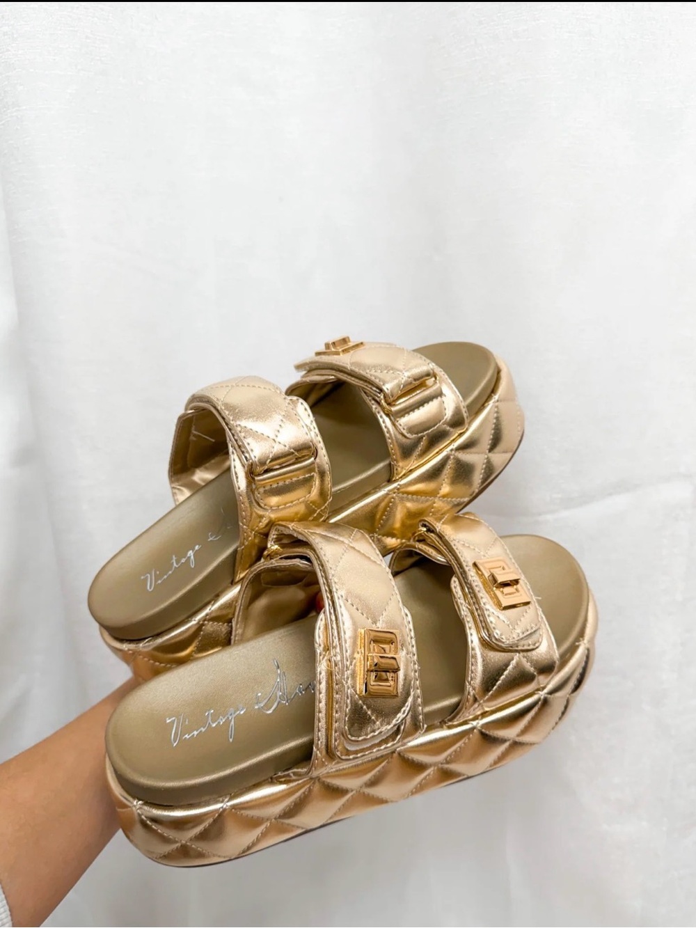 Quilted Metallic Slide Sandals in Rose Gold new in box